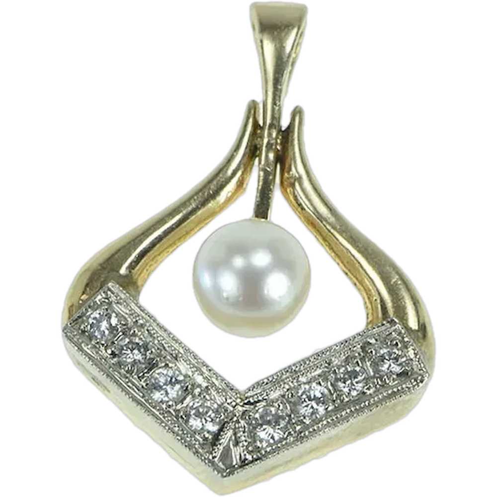 14K Vintage Pearl Diamond Chevron Drop Pendant Ye… - image 1