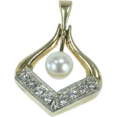 14K Vintage Pearl Diamond Chevron Drop Pendant Ye… - image 1
