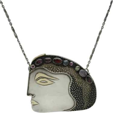 Artisan Woman's Face Sterling Pendant on Chain wi… - image 1