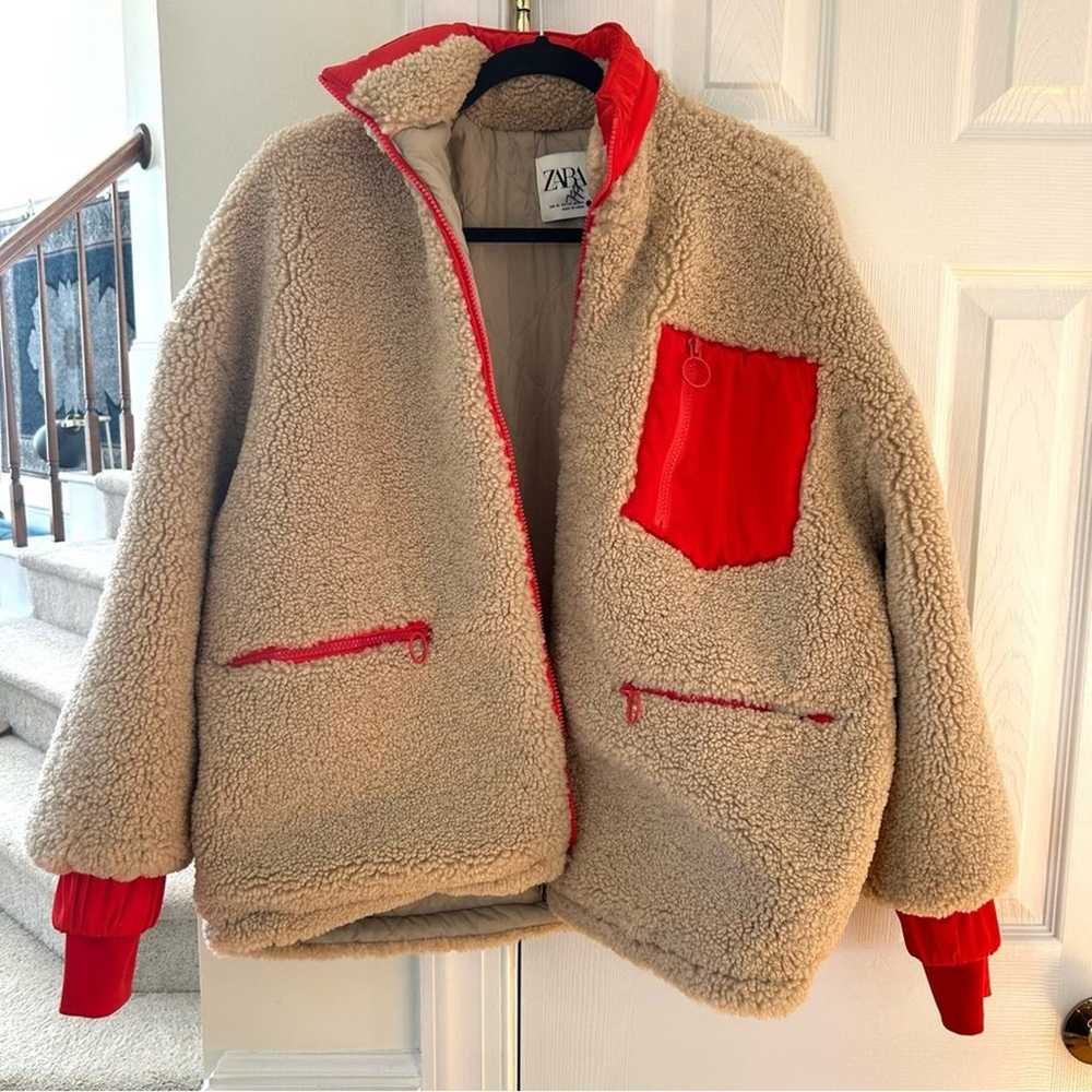 Zara Tan & Red Teddy Bear Fleece Bomber Jacket - image 1