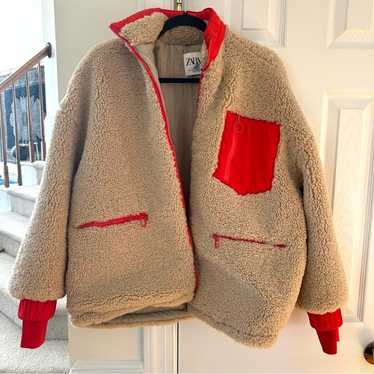 Zara Tan & Red Teddy Bear Fleece Bomber Jacket - image 1