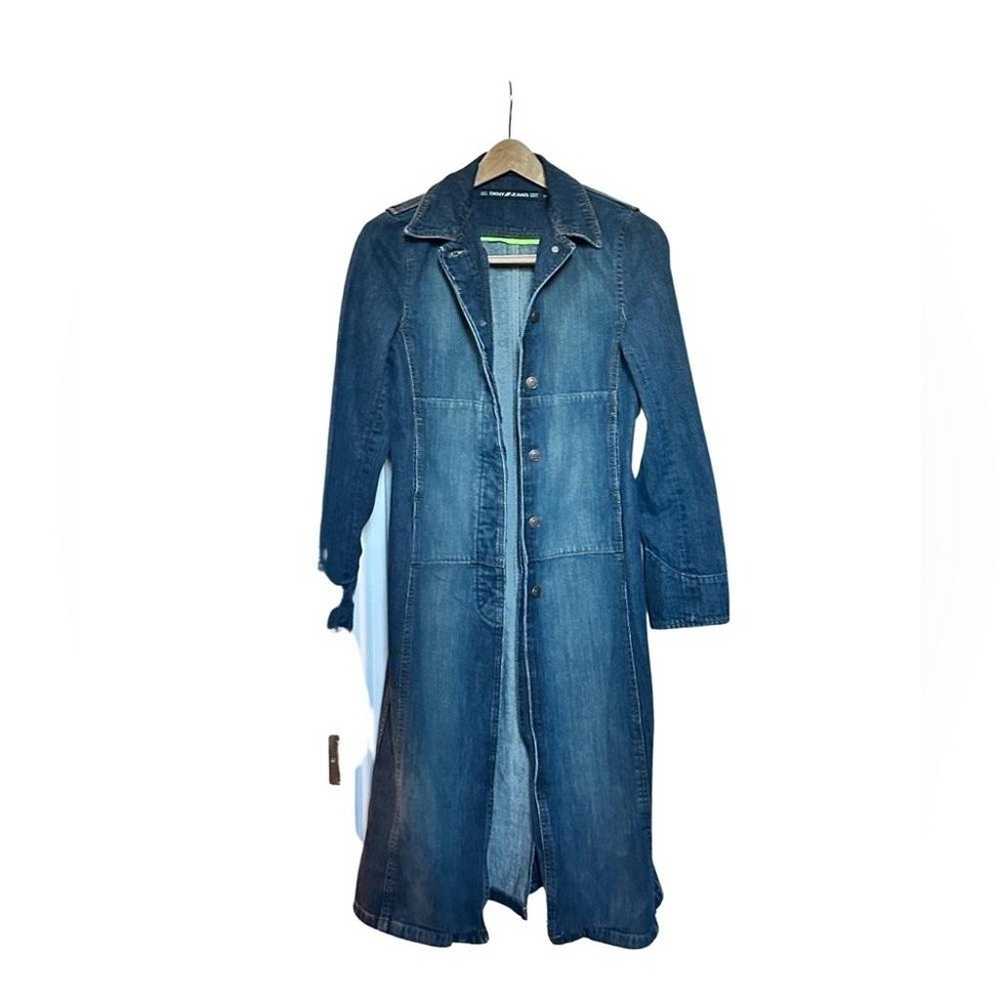DKNY Long Denim Trench Coat Jacket Blue Womens Si… - image 2