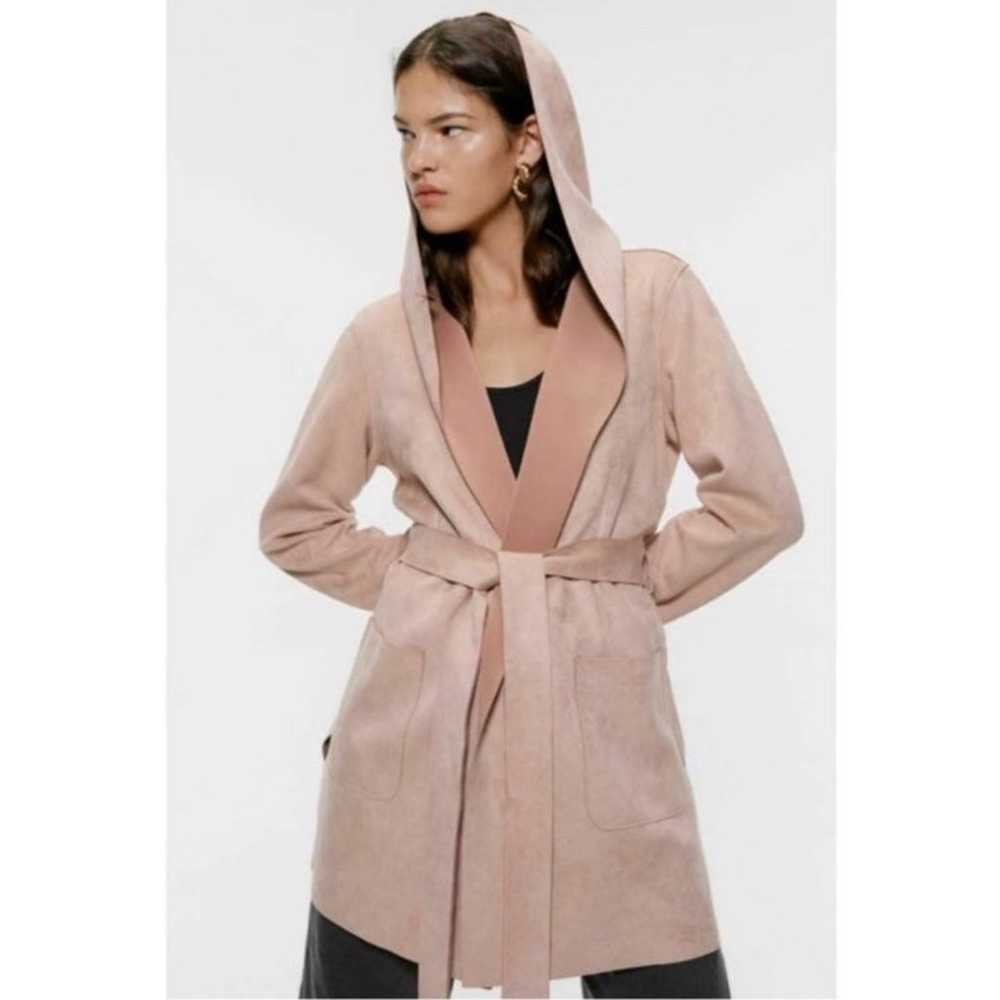 Suede Feeling Hooded Light Pink Trench Coat Jacket - image 1