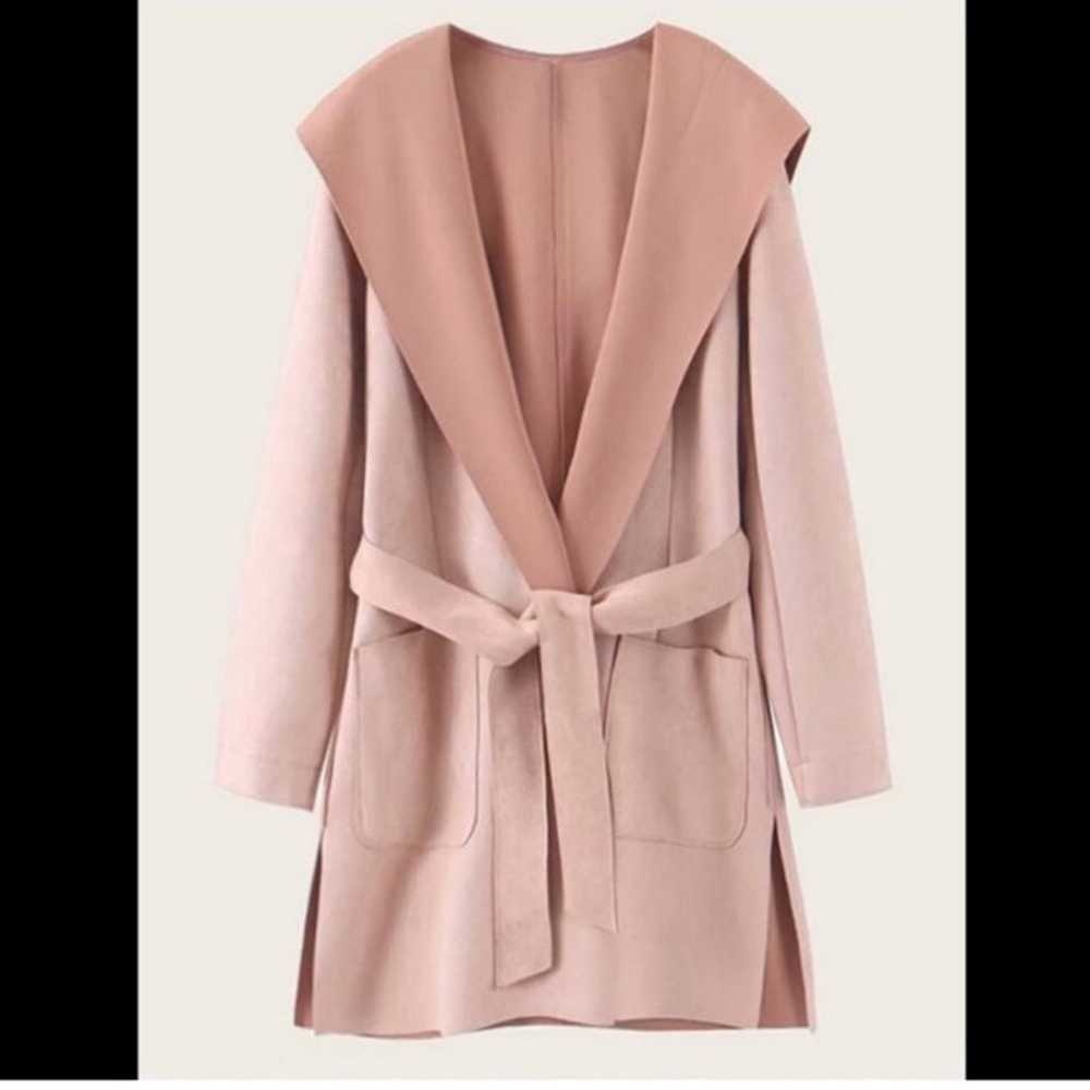 Suede Feeling Hooded Light Pink Trench Coat Jacket - image 3