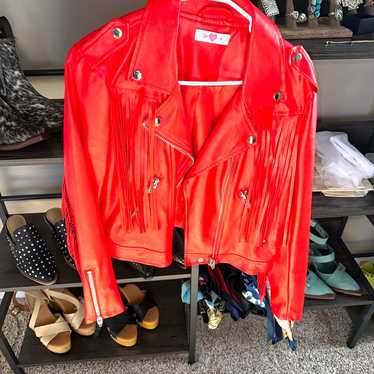 Red fringe vegan leather jacket