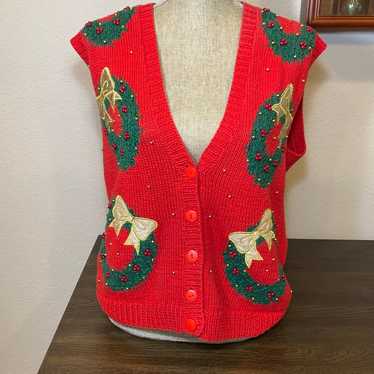 Talbots Vintage Christmas Wreath Red Vest