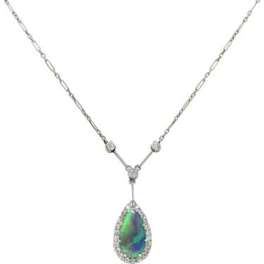 Art Deco Diamond Pear Shaped Black Opal Platinum V