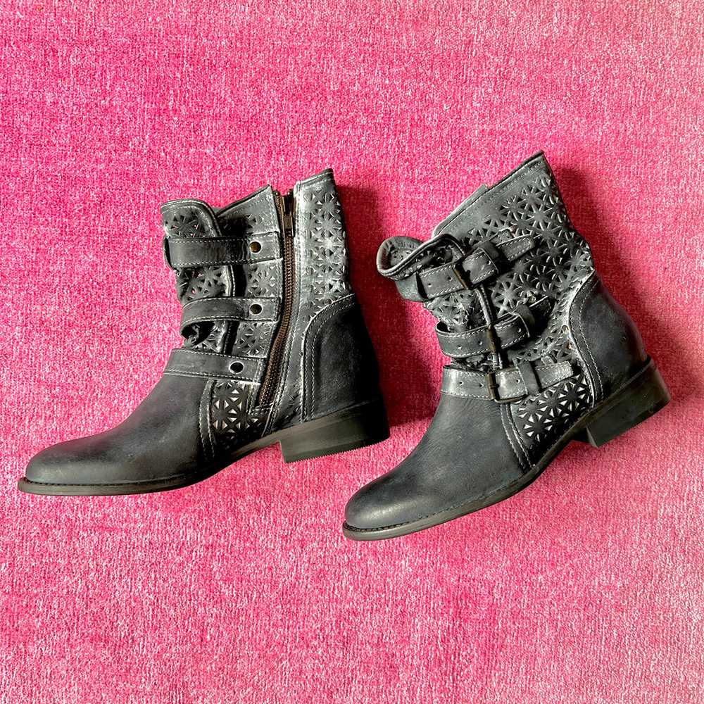 Leather engineer boots with buckle & cutout detai… - image 1