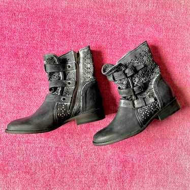 Leather engineer boots with buckle & cutout detai… - image 1