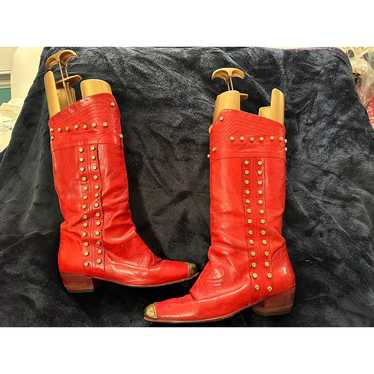 VINTAGE RED LEATHER STUDDED BOOTS W/ METAL TOES 3… - image 1