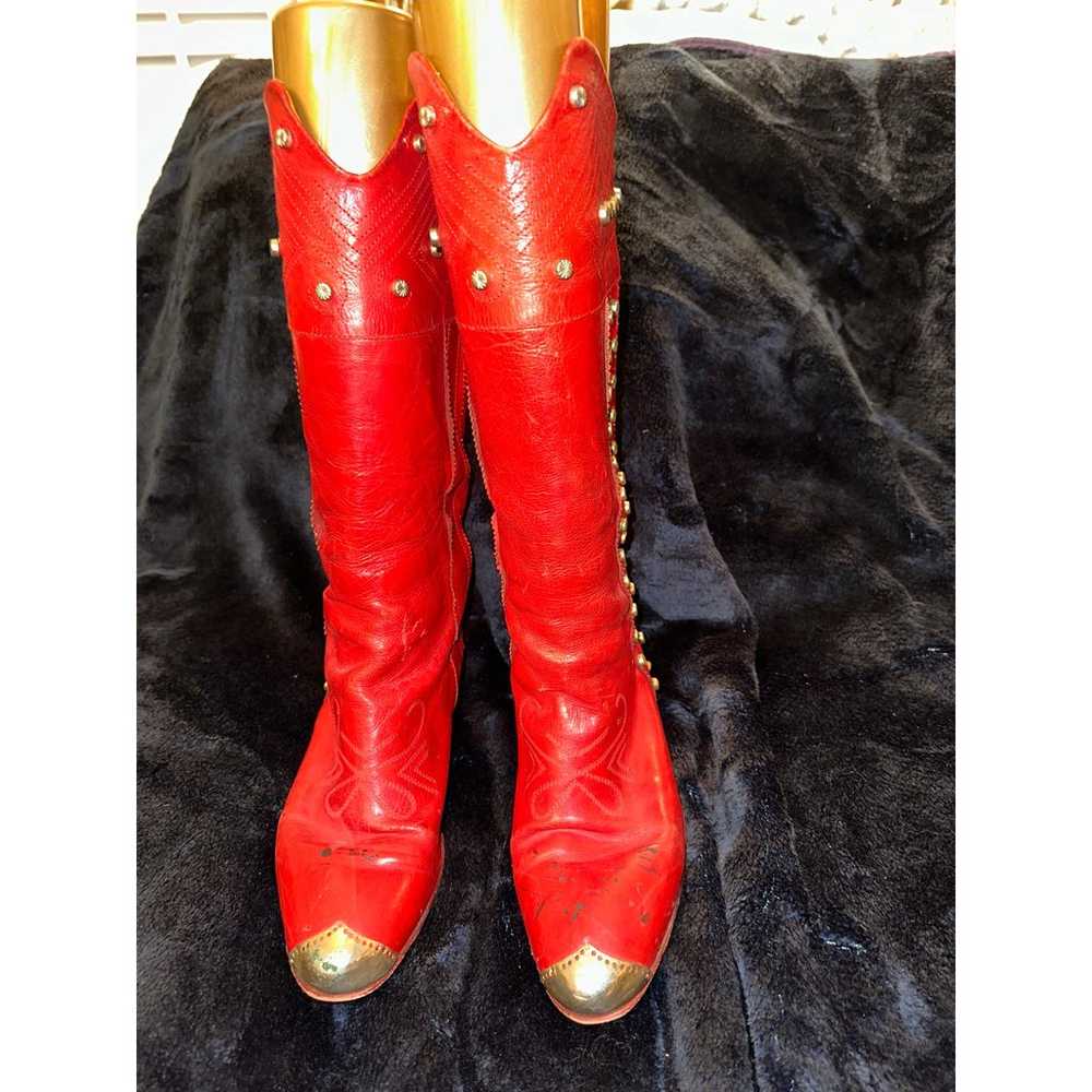 VINTAGE RED LEATHER STUDDED BOOTS W/ METAL TOES 3… - image 2