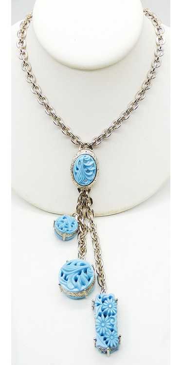 Selro Asian Motif Carved Turquoise Lariat Necklace - image 1