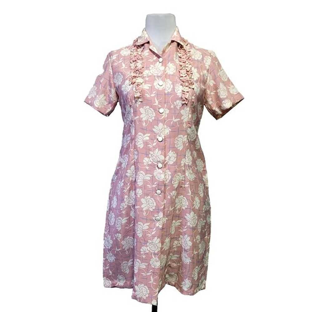 Vintage 60s Handmade M Silky Polyester Floral But… - image 1
