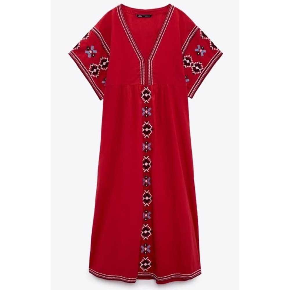 Zara Red Poplin Embroidered Short Sleeve Midi Dre… - image 1