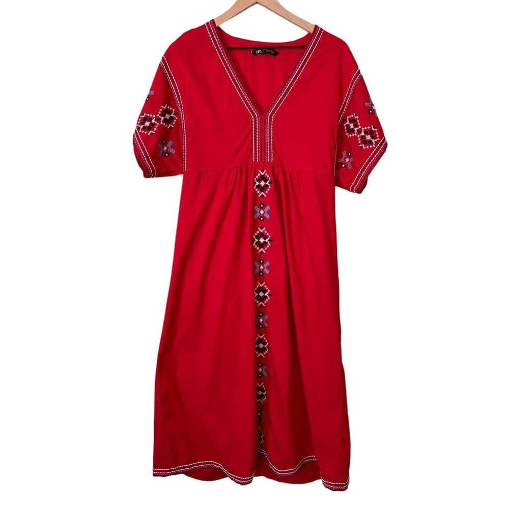 Zara Red Poplin Embroidered Short Sleeve Midi Dre… - image 3