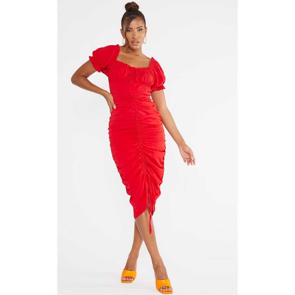 PrettyLittleThing Red Ruched Center Bardot Midi D… - image 1