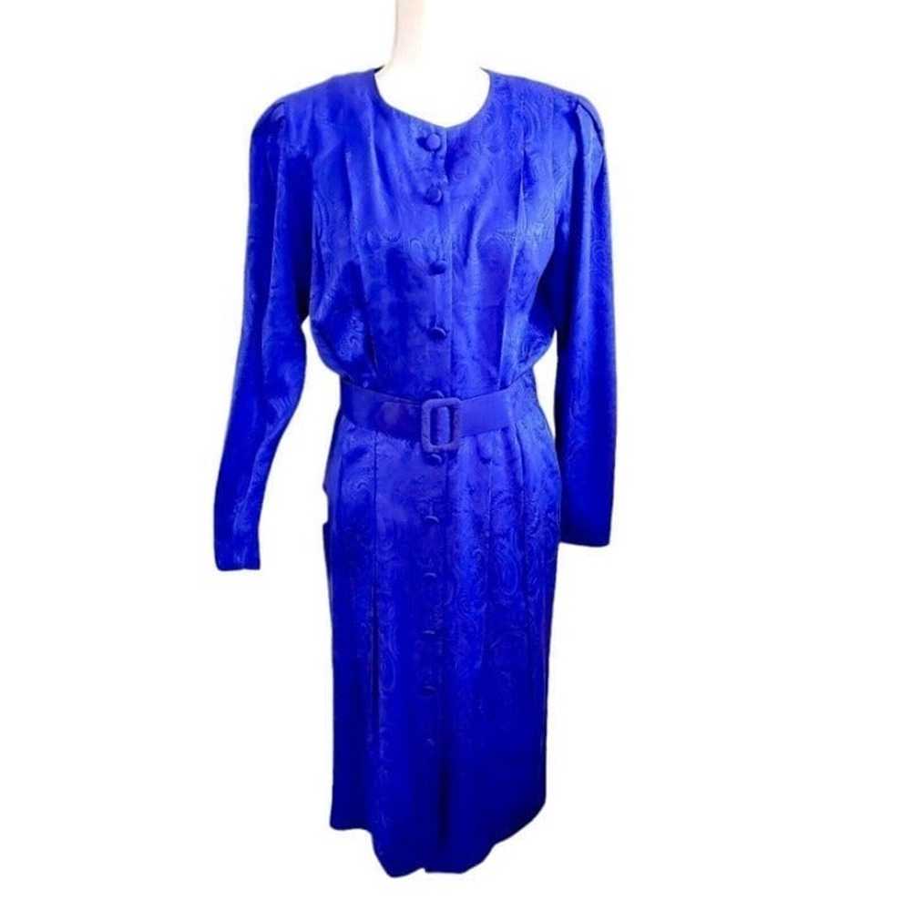 Vintage 80s Sz M Royal Blue Satin Silk Paisley Se… - image 1