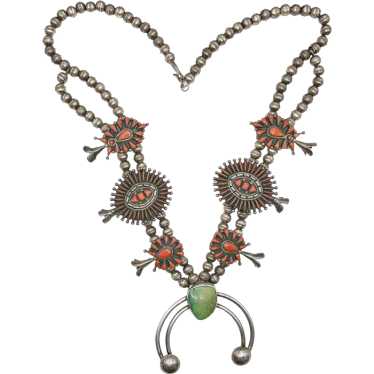 Vintage Coral And Green Turquoise Squash Blossom … - image 1