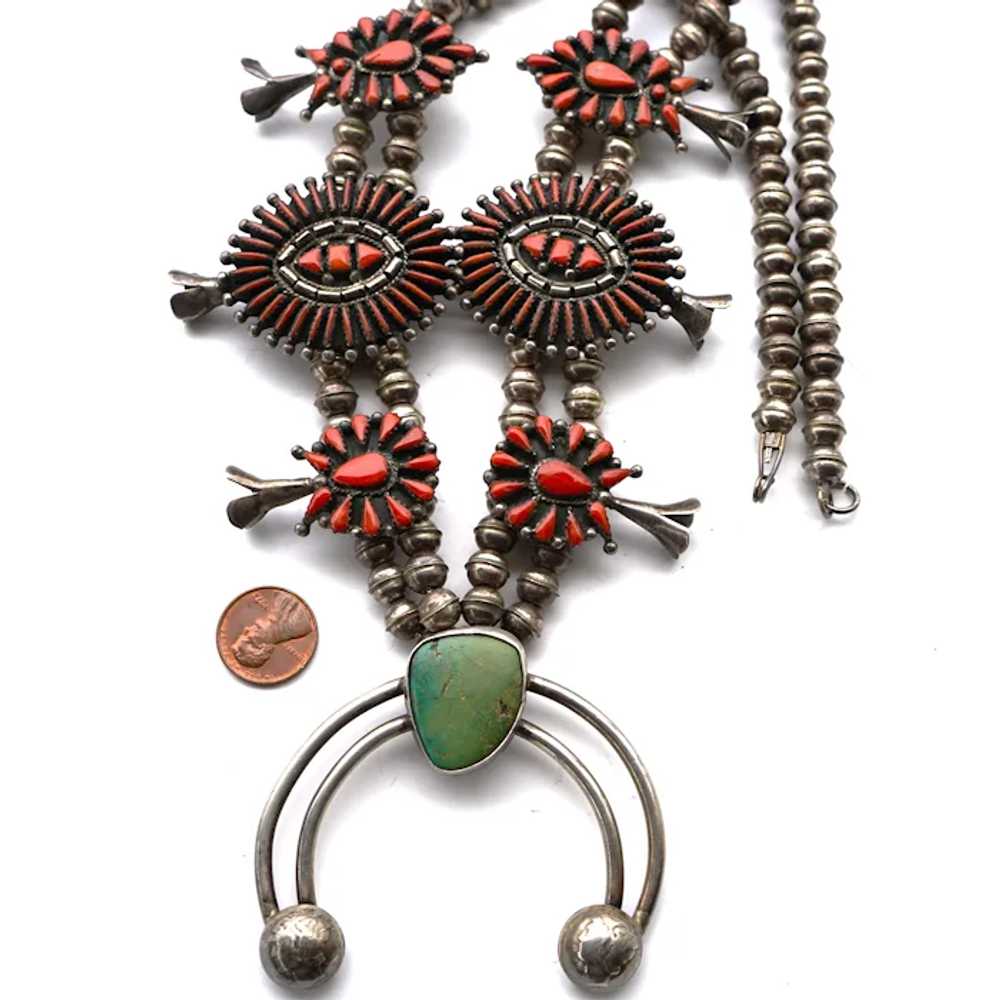 Vintage Coral And Green Turquoise Squash Blossom … - image 2