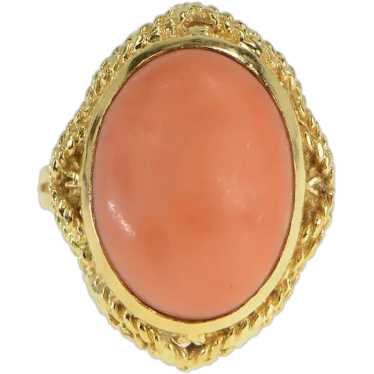 18K Oval Coral Cabochon Ornate Statement Ring Size