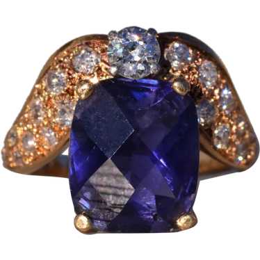 Edwardian Iolite and Natural Diamond Ring in Yello