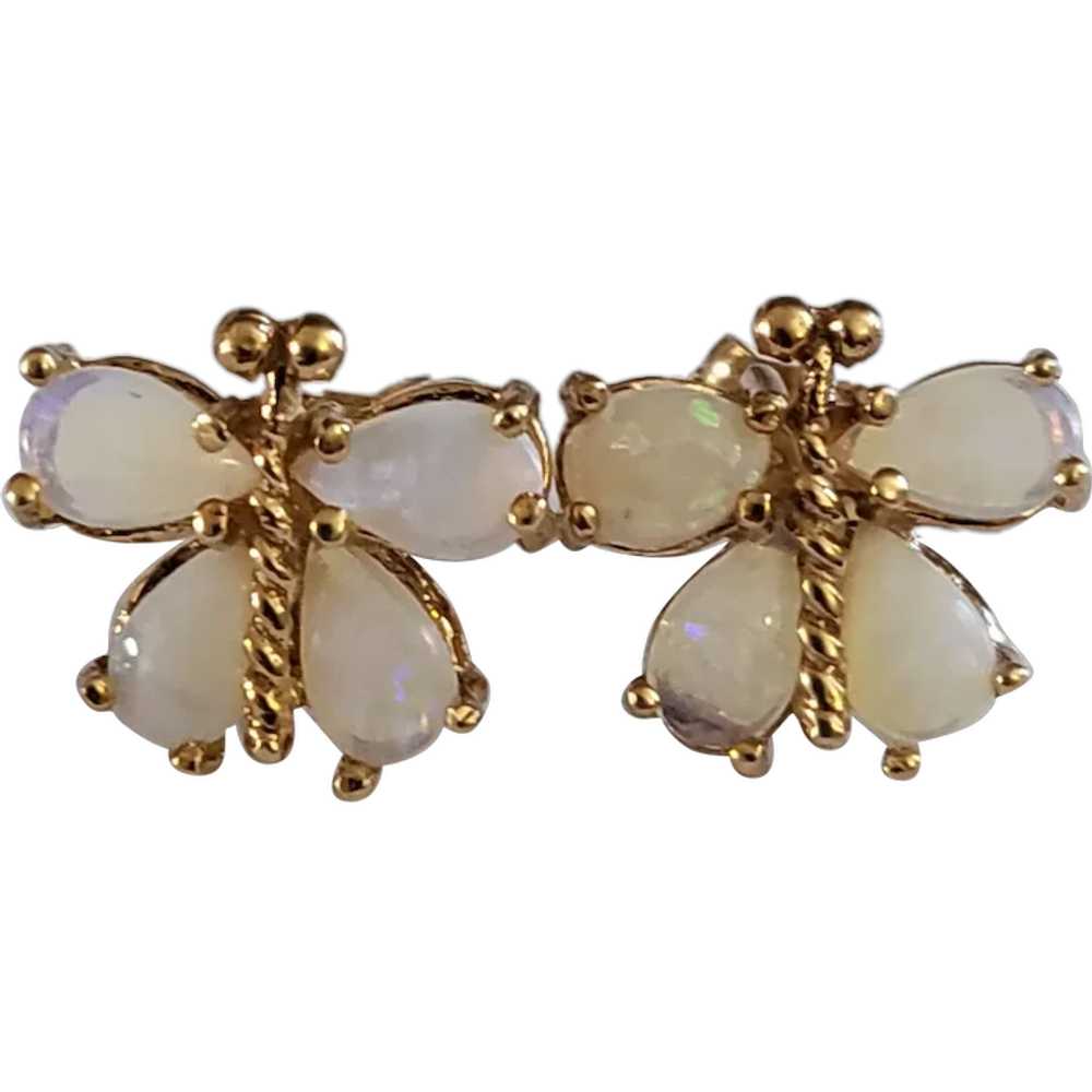 14k Yellow Gold Opal Butterfly Earrings Hand Cast… - image 1