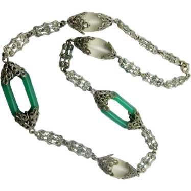 Czech Art Deco Green Glass Link Silver Filigree N… - image 1