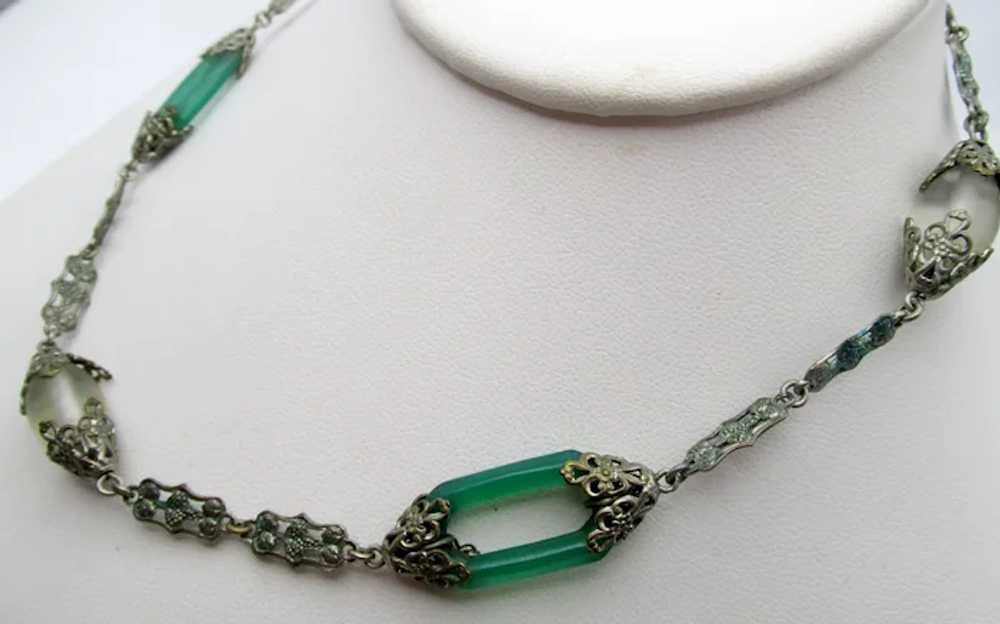 Czech Art Deco Green Glass Link Silver Filigree N… - image 2