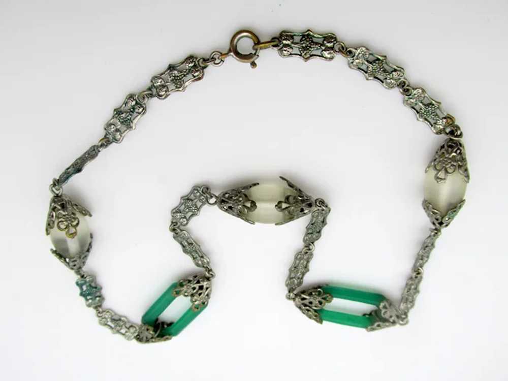 Czech Art Deco Green Glass Link Silver Filigree N… - image 4