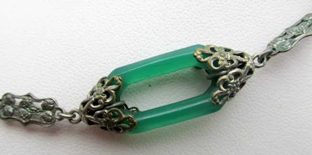 Czech Art Deco Green Glass Link Silver Filigree N… - image 6