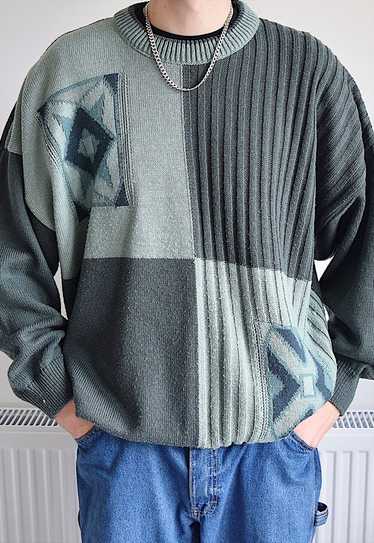 Vintage 90s Crew Neck Patterned Knit Jumper Green