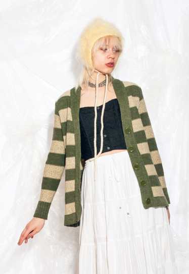 Vintage Y2K Knit Cardigan in Green Beige Verticall