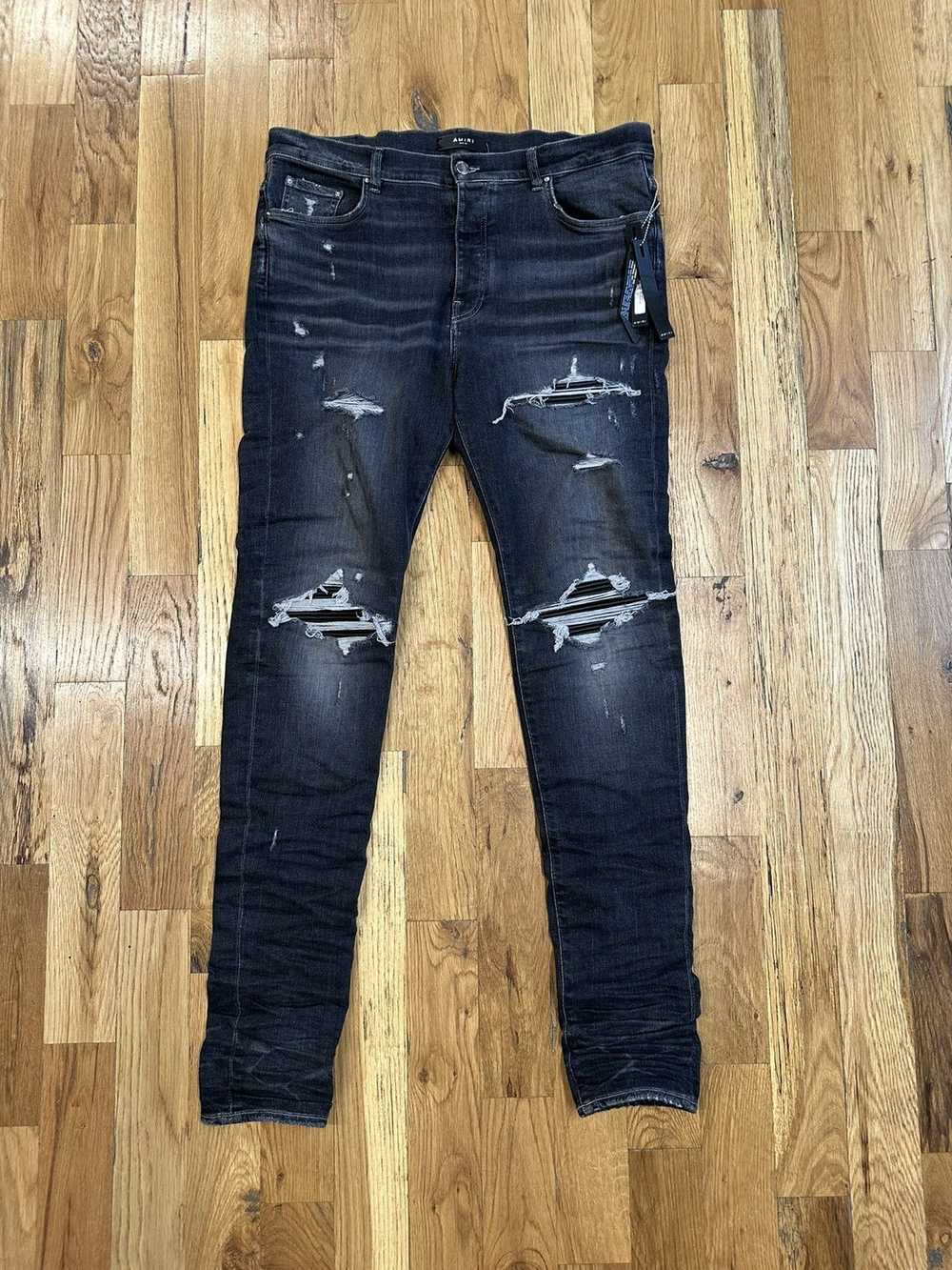 Amiri Amiri MX1 Black Leather Gray Denim Jeans Si… - image 1