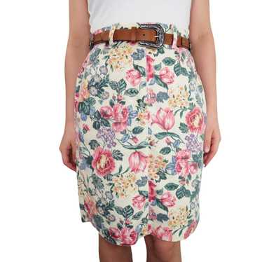 Vintage 1980s Vintage Floral Denim Skirt 27" High… - image 1