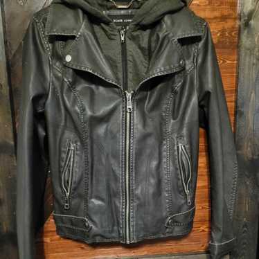 Faux Leather Jacket, charcoal, hooded, r