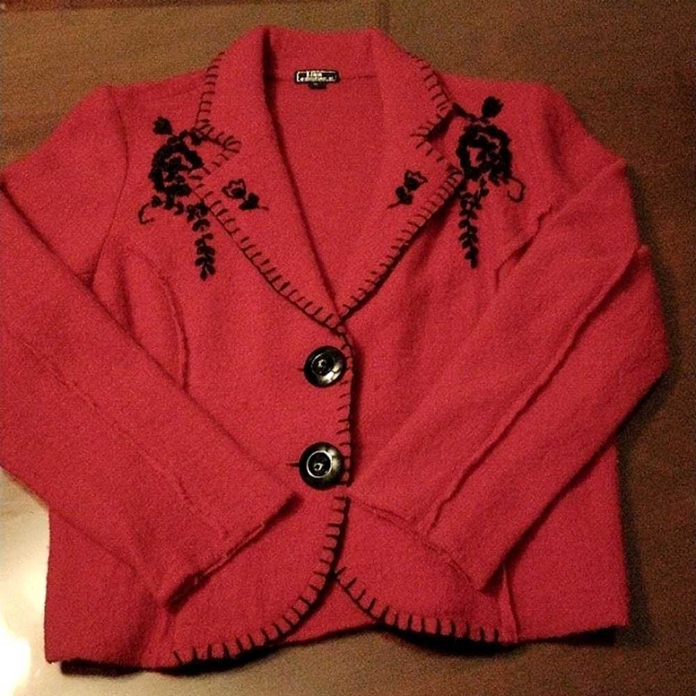 BOILED WOOL Jacket Sz L RED Embroidered Lisa Inte… - image 10
