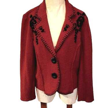 BOILED WOOL Jacket Sz L RED Embroidered Lisa Inte… - image 1