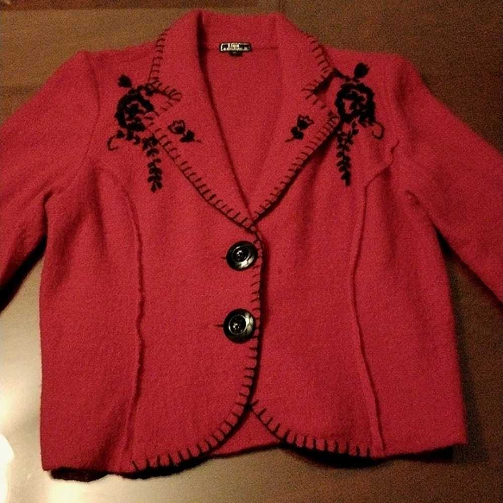 BOILED WOOL Jacket Sz L RED Embroidered Lisa Inte… - image 9