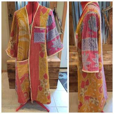 Upcycled Kantha Quilt blanket Coat L reversible