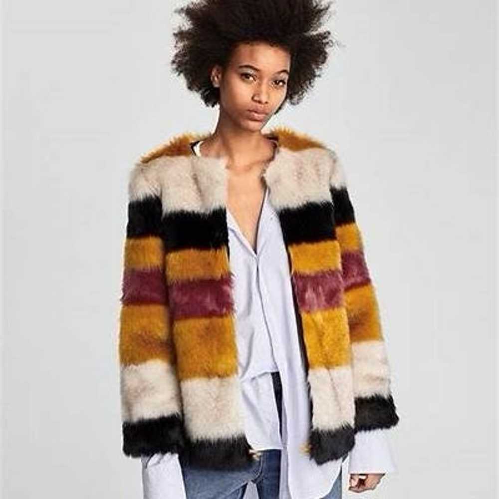 Zara Basic Multicolor Striped Faux Fur Coat - image 1