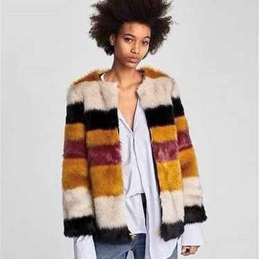 Zara Basic Multicolor Striped Faux Fur Coat