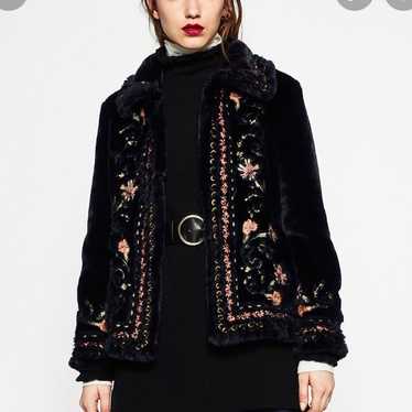 Zara Embroidered Faux Fur Coat