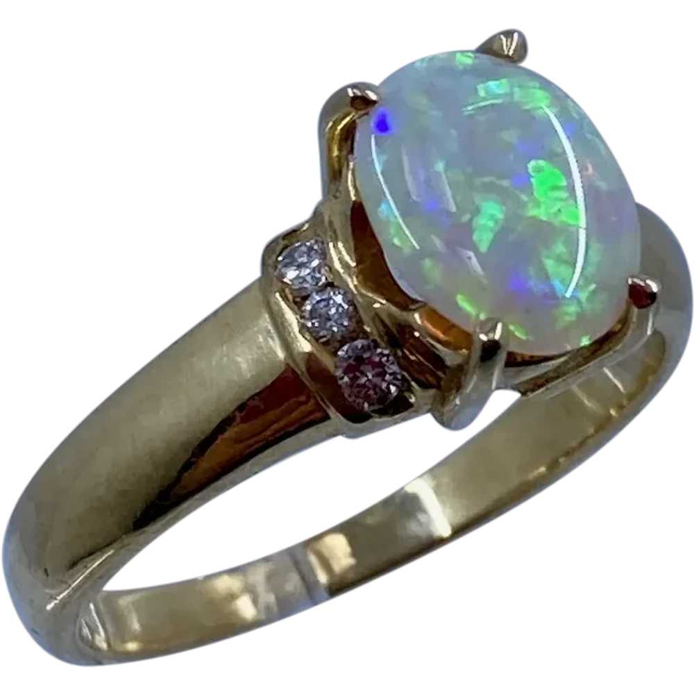 18K Yellow Gold Oval Opal Diamond Ring Sz 7 1/4 - image 1