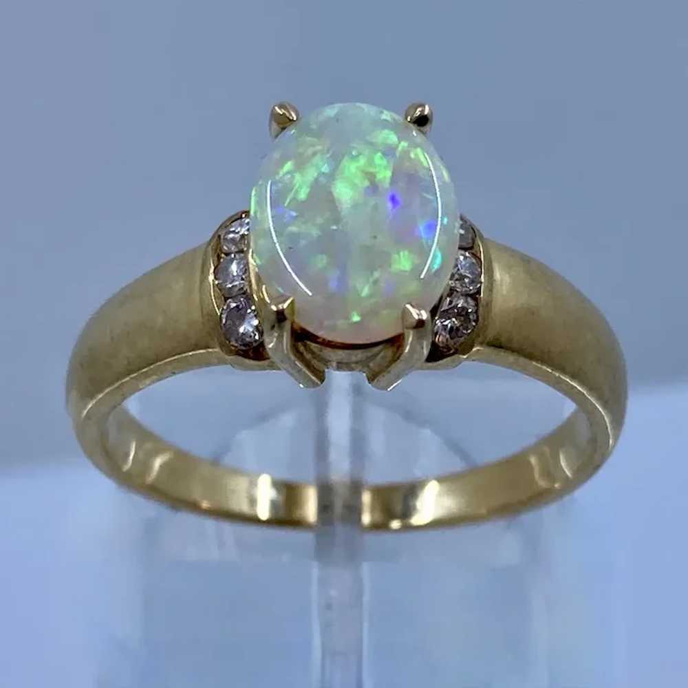 18K Yellow Gold Oval Opal Diamond Ring Sz 7 1/4 - image 2