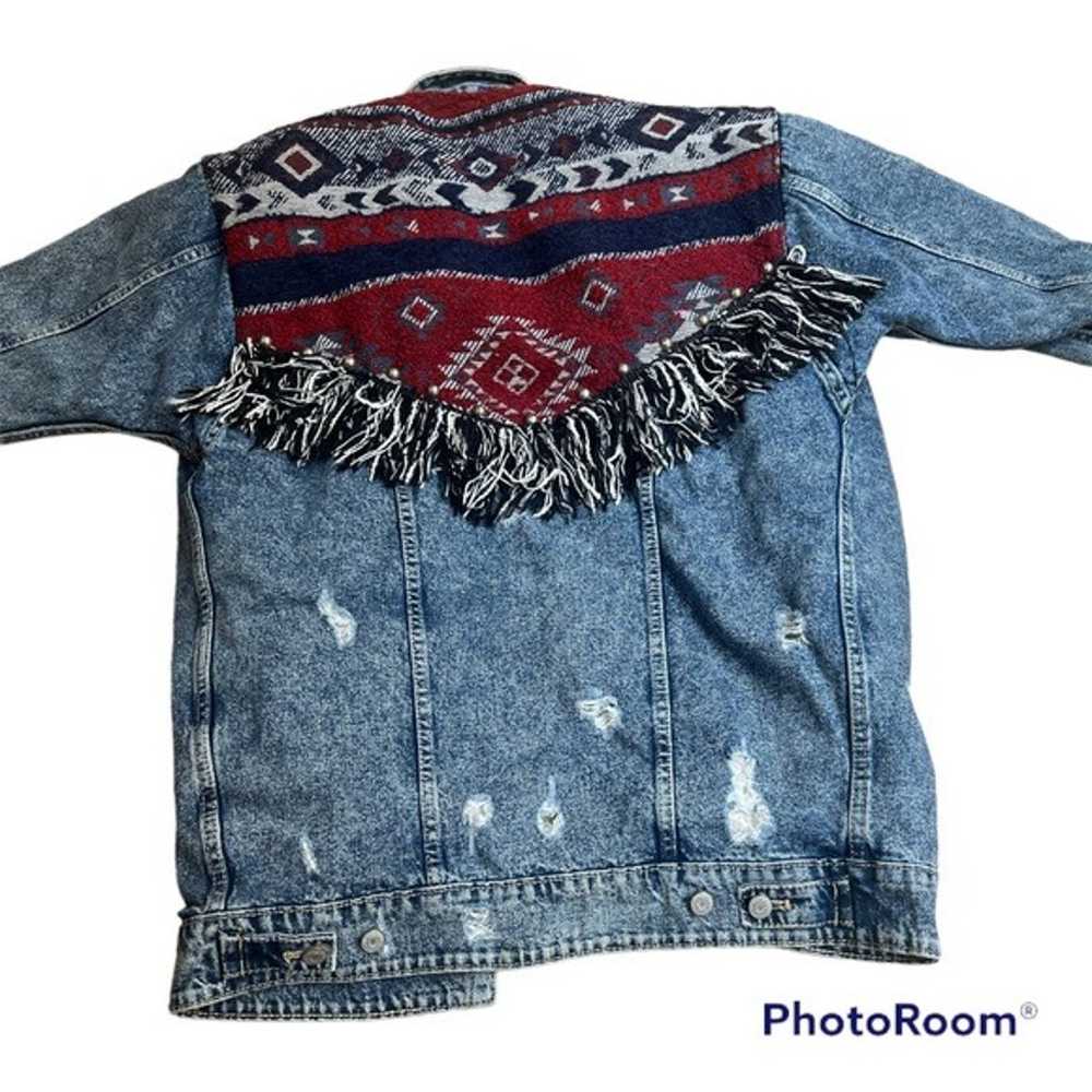 Zara Aztec Denim Jacket Size S Oversized Sherpa F… - image 11