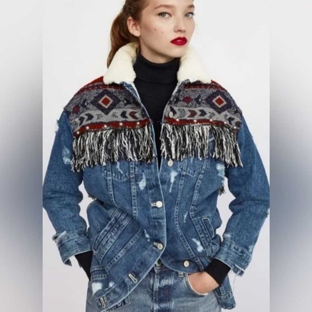 Zara Aztec Denim Jacket Size S Oversized Sherpa F… - image 1