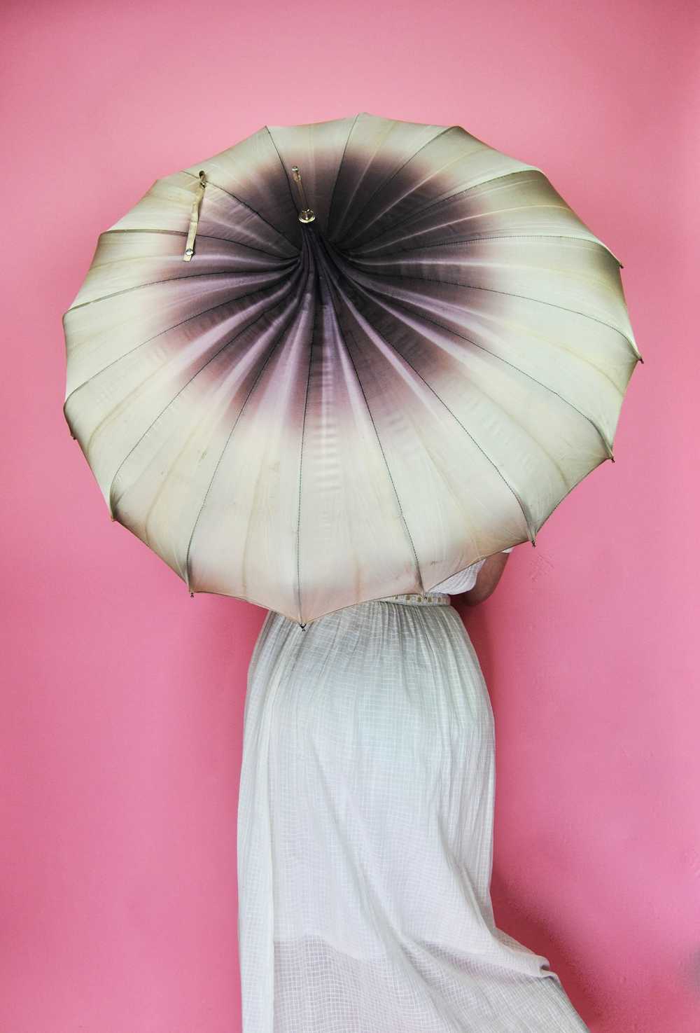 Vintage Cream and Purple Parasol Umbrella - image 2