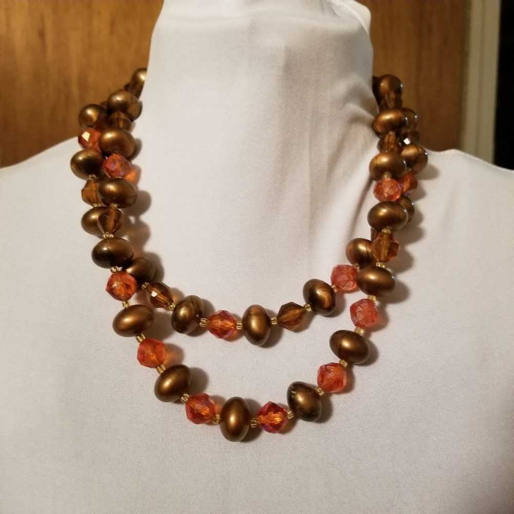 Vintage Necklace Choker Amber Brown Beads Double … - image 1