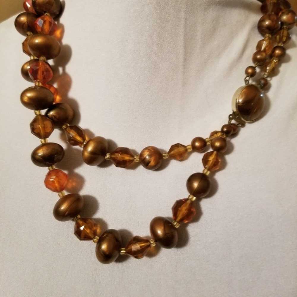 Vintage Necklace Choker Amber Brown Beads Double … - image 3