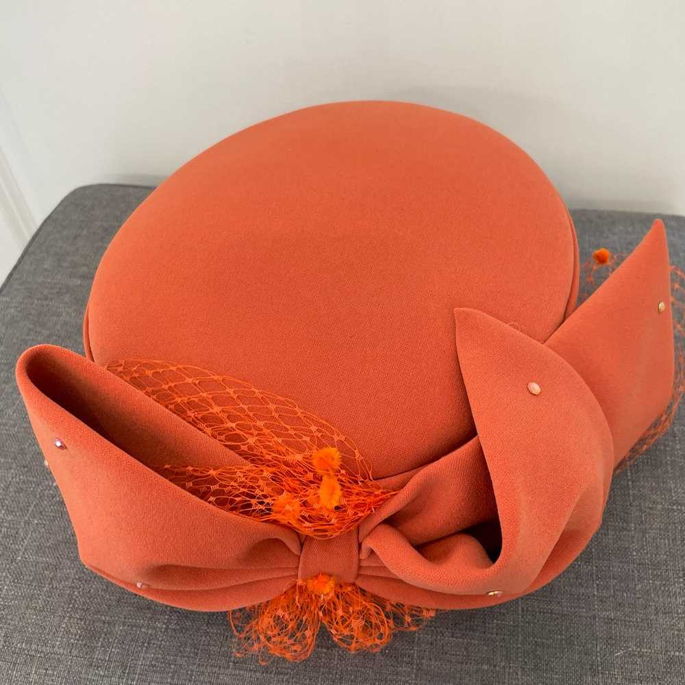 VERUCCI Vintage 1950s Wool Pillbox Hat Tangerine … - image 7